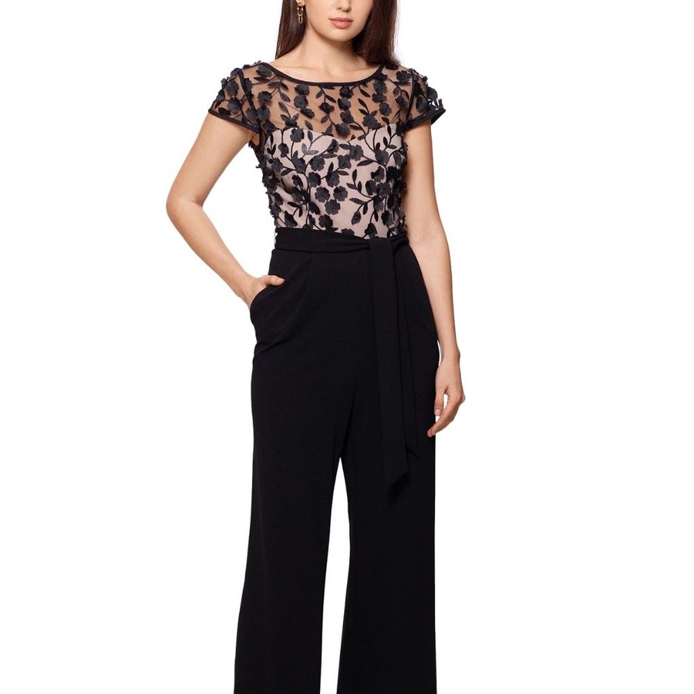 XSCAPE Floral Appliqué Jumpsuit Black/Nude Size 12